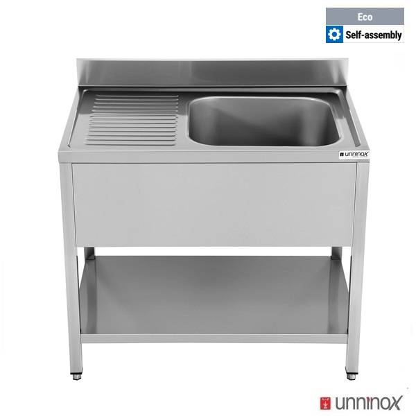Plonge inox 1 bac à droite avec étagère basse - L 1200 x P 700 x H 850 mm - gamme Eco - Unninox