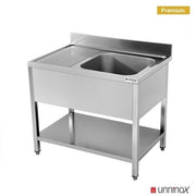 Plonge inox 1 bac à droite avec étagère basse - L 1400 x P 700 x H 850 mm - gamme Premium - Unninox