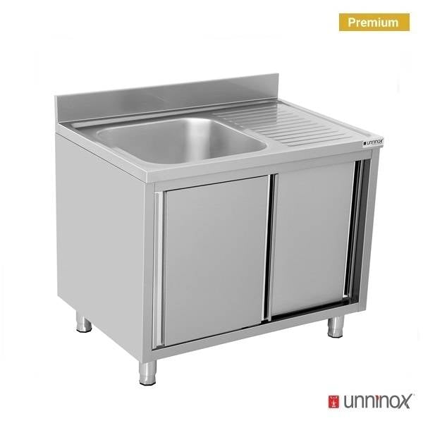 Meuble plonge inox 1 bac à gauche portes coulissantes - L 1000 x P 700 x H 850 mm - Unninox