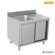 Meuble plonge inox 1 bac à gauche portes coulissantes - L 1200 x P 700 x H 850 mm - Unninox