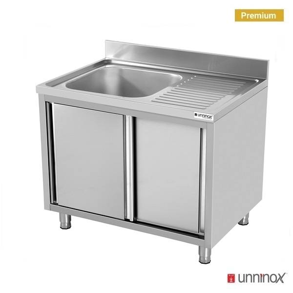 Meuble plonge inox 1 bac à gauche portes coulissantes - L 1400 x P 700 x H 850 mm - Unninox