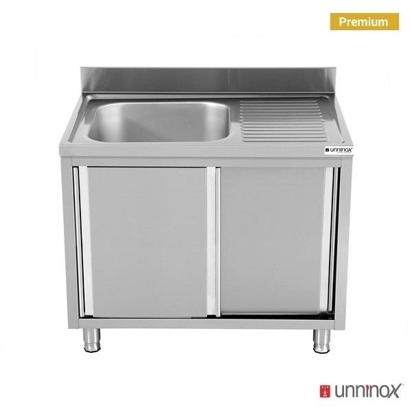 Meuble plonge inox 1 bac à gauche portes coulissantes - L 1200 x P 700 x H 850 mm - Unninox