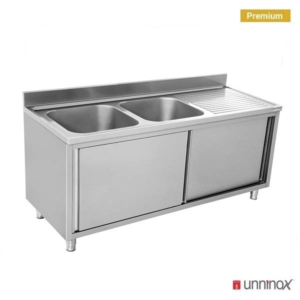 Meuble plonge inox 2 bacs à gauche portes coulissantes - L 2000 x P 700 x H 850 mm - Unninox