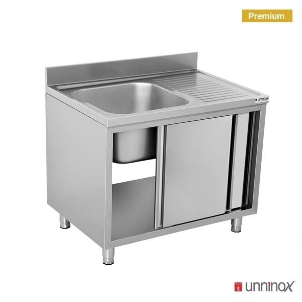 Meuble plonge inox 1 bac à gauche portes coulissantes - L 1000 x P 700 x H 850 mm - Unninox