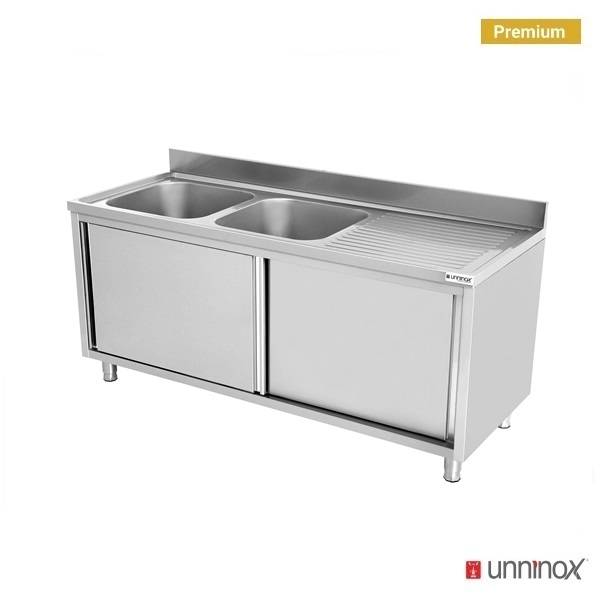 Meuble plonge inox 2 bacs à gauche portes coulissantes - L 2000 x P 700 x H 850 mm - Unninox