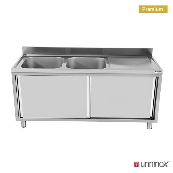 Meuble plonge inox 2 bacs à gauche portes coulissantes - L 2000 x P 700 x H 850 mm - Unninox