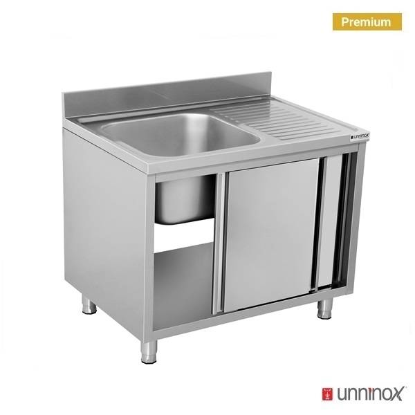 Meuble plonge inox 1 bac à gauche portes coulissantes - L 1200 x P 700 x H 850 mm - Unninox