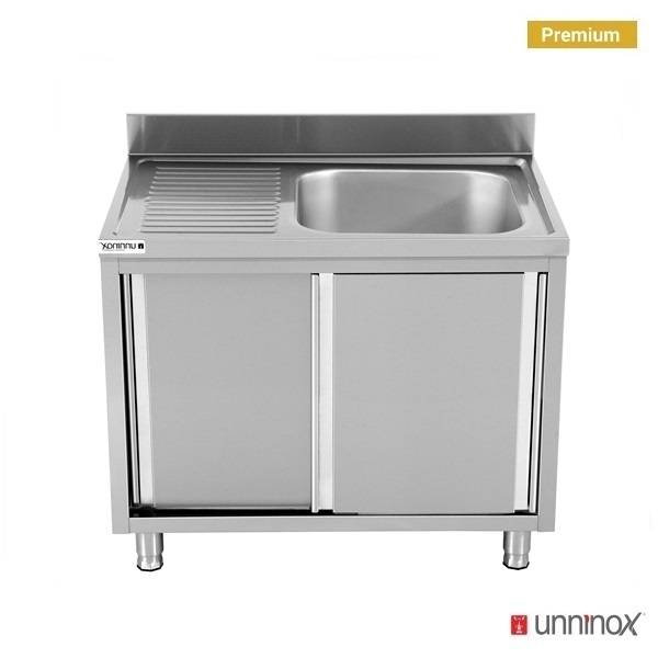 Meuble plonge inox 1 bac à droite portes coulissantes - L 1000 x P 700 x H 850 mm - Unninox