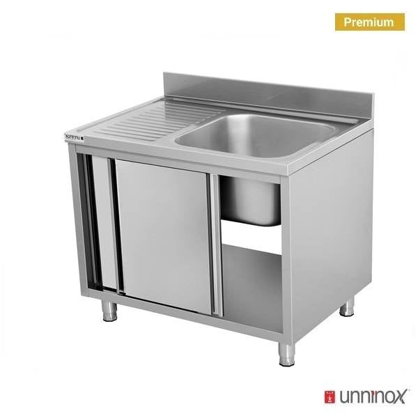 Meuble plonge inox 1 bac à droite portes coulissantes - L 1000 x P 700 x H 850 mm - Unninox