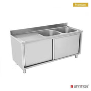 Meuble plonge inox 2 bacs à droite portes coulissantes - L 2000 x P 700 x H 850 mm - Unninox