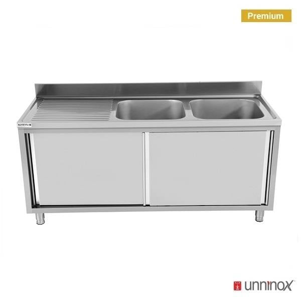 Meuble plonge inox 2 bacs à droite portes coulissantes - L 1600 x P 700 x H 850 mm - Unninox