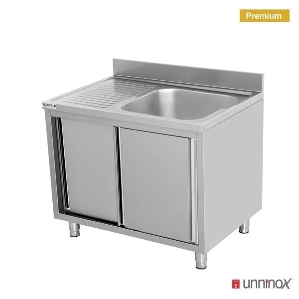 Meuble plonge inox 1 bac à droite portes coulissantes - L 1400 x P 700 x H 850 mm - Unninox
