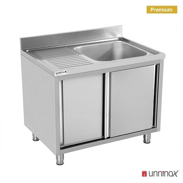 Meuble plonge inox 1 bac à droite portes coulissantes - L 1000 x P 700 x H 850 mm - Unninox
