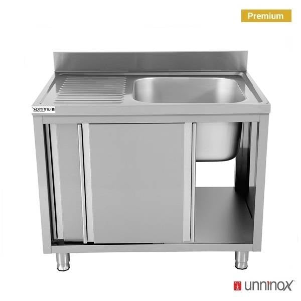 Meuble plonge inox 1 bac à droite portes coulissantes - L 1200 x P 700 x H 850 mm - Unninox