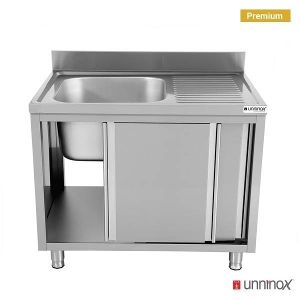 Meuble plonge inox 1 bac à gauche portes coulissantes - L 1200 x P 700 x H 850 mm - Unninox