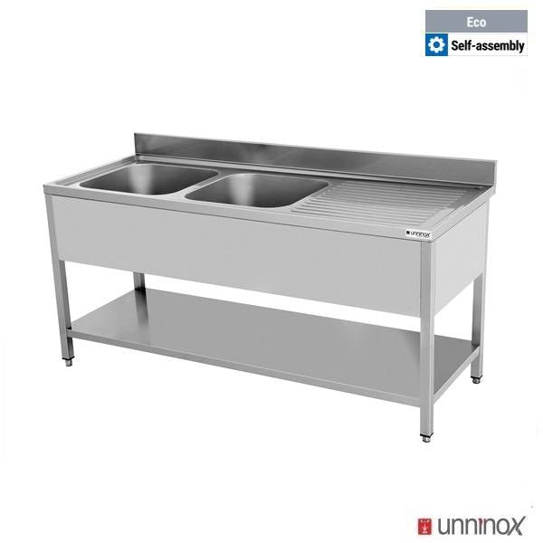 Plonge inox 2 bacs à gauche avec étagère basse - L 1600 x P 700 x H 850 mm - gamme Eco - Unninox