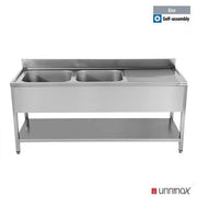 Plonge inox 2 bacs à gauche avec étagère basse - L 1600 x P 700 x H 850 mm - gamme Eco - Unninox