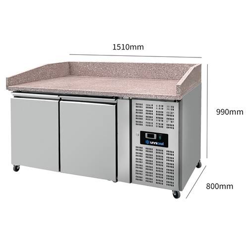 Table réfrigérée pizza 2 portes - 390 L - EN 600 x 400 - +2 à +8 °C - L 1510 x P 800 x H 1000 mm - Unninox