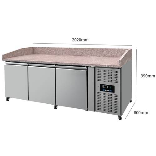 Table réfrigérée pizza 3 portes - 580 L - EN 600 x 400 - +2 à +8 °C - L 2020 x P 800 x H 1000 mm - Unninox