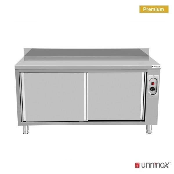 Meuble chauffant inox 1,5 kW 2 portes coulissantes avec dosseret - L 1000 x P 700 x H 850 mm - Unninox