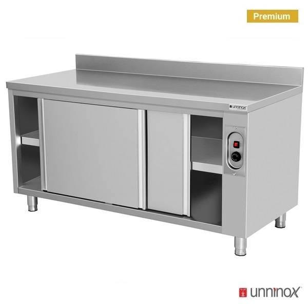 Meuble chauffant inox 1,5 kW 2 portes coulissantes avec dosseret - L 1000 x P 700 x H 850 mm - Unninox