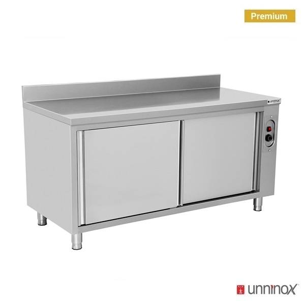 Meuble chauffant inox 1,5 kW 2 portes coulissantes avec dosseret - L 1000 x P 700 x H 850 mm - Unninox