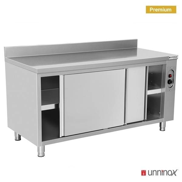 Meuble chauffant inox 1,5 kW 2 portes coulissantes avec dosseret - L 1000 x P 700 x H 850 mm - Unninox