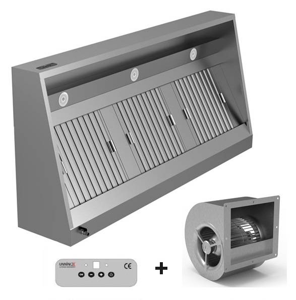 Hotte murale inox avec moteur intégré - L 1200 x P 950 x H 520 mm - 1400 m³/h - Unninox