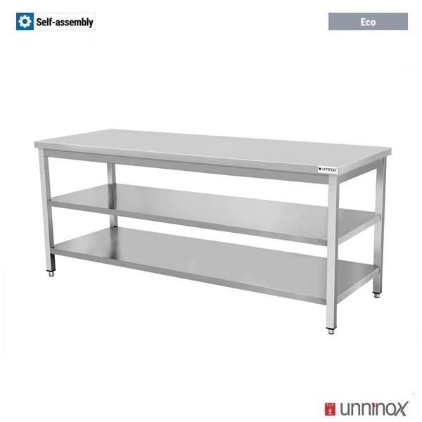 Table inox sans dosseret avec 2 étagères basses gamme Eco - L 800 x P 700 x H 850 mm - Unninox