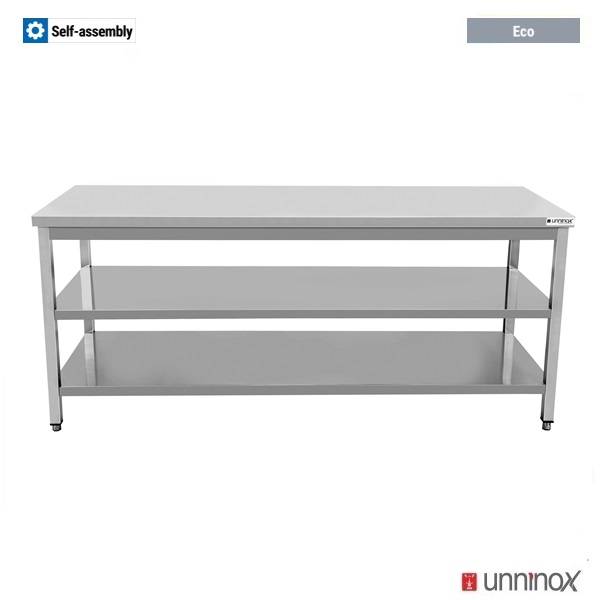 Table inox sans dosseret avec 2 étagères basses gamme Eco - L 800 x P 700 x H 850 mm - Unninox