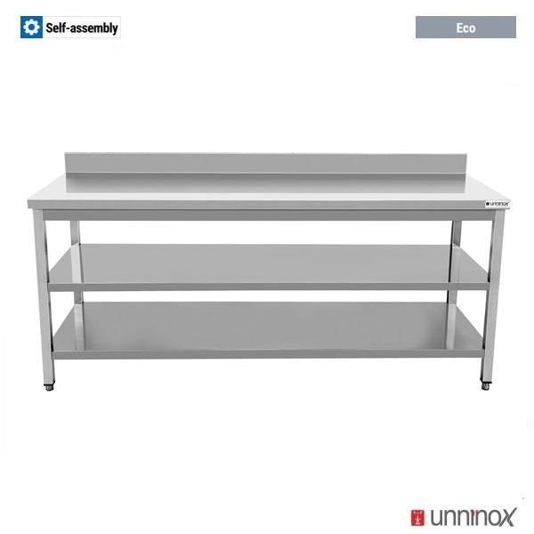 Table inox avec dosseret et 2 étagères basses - L 1200 x P 600 x H 850 mm - Unninox