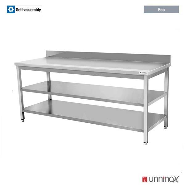 Table inox avec dosseret et 2 étagères basses - L 1200 x P 600 x H 850 mm - Unninox