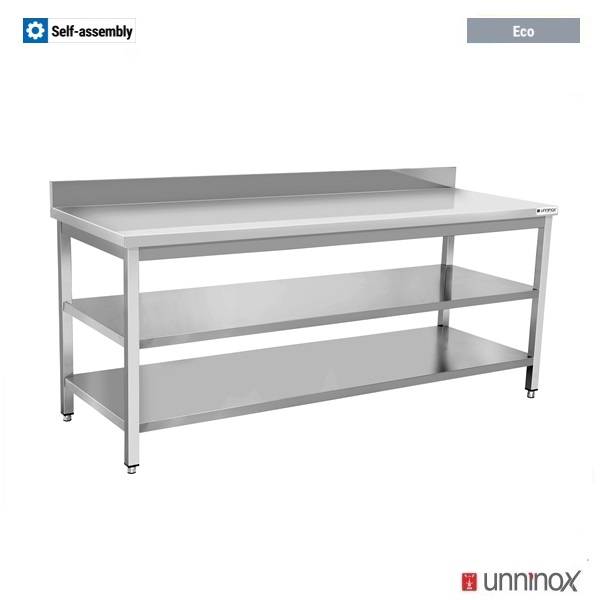 Table inox avec dosseret et 2 étagères basses - L 1600 x P 600 x H 850 mm - Unninox