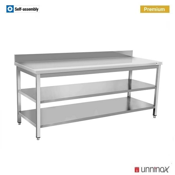 Table inox avec dosseret et 2 étagères basses - L 900 x P 600 x H 850 mm - Unninox