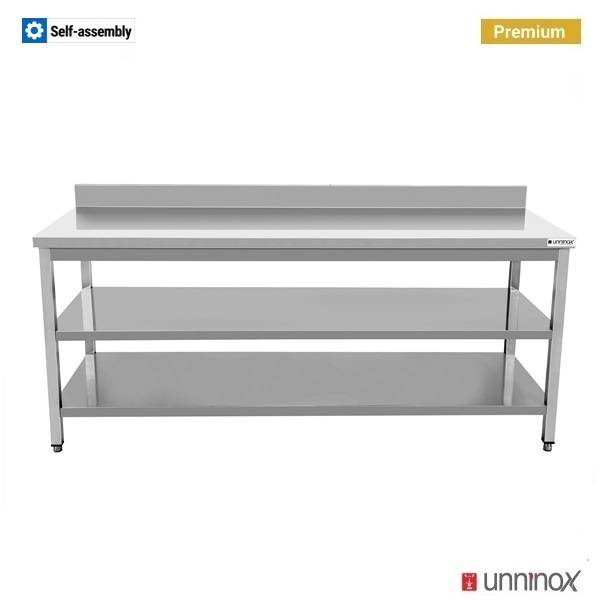 Table inox avec dosseret et 2 étagères basses gamme Premium - L 1600 x P 600 x H 850 mm - Unninox