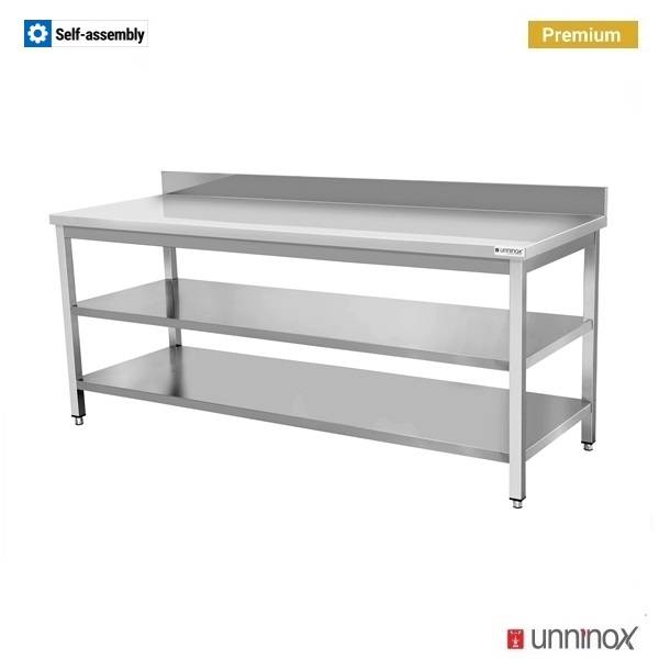 Table inox avec dosseret et 2 étagères basses - L 2000 x P 700 x H 850 mm - Ref WTF-2007085-S2A - Unninox