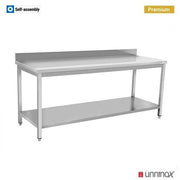 Table inox avec dosseret et étagère basse - L 1400 x P 700 x H 850 mm - Unninox